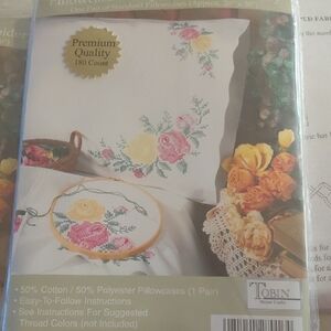 Floral Embroidered Pillowcases - White with Pink and Yellow